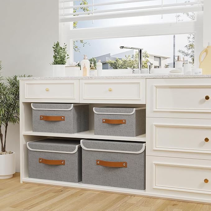 OUTBROS Storage Boxes, Collapsible Storage Bins with Lids, Cotton and linen cloth Storage Baskets with Handle, for Books, Closet, Grey, 3 Pack 10.2 x 7.9 x 6.7in
