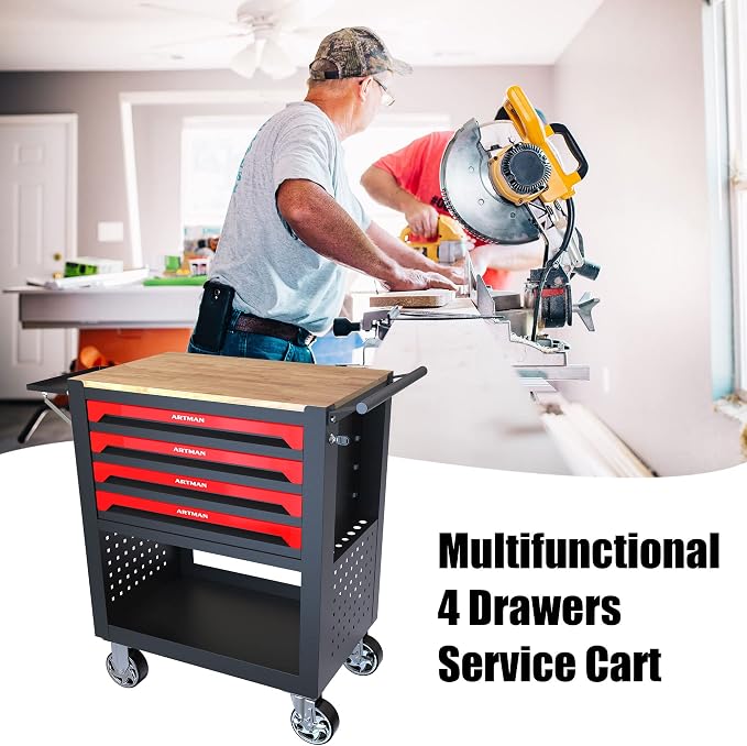 36" Tool Box with Wheels 4 Drawers Rolling Tool Cart, Wooden Top Workbench, 660lbs Total load Tool Cabinet with Locked Drawers Storage Organizer Cabinet for Garage, Warehouse, Repair Shop - Red