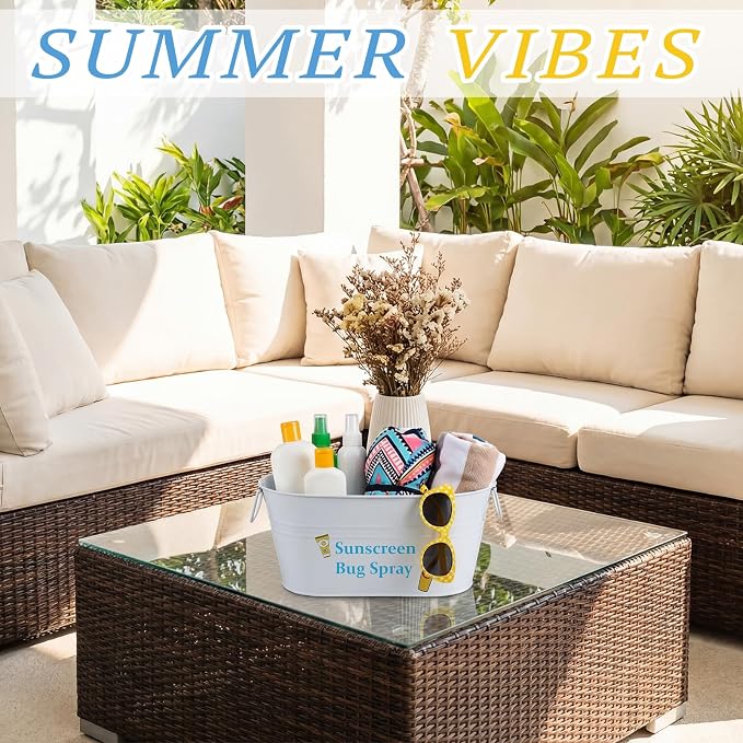 Blulu Sunscreen Bug Spray Storage Bucket Metal Poolside Basket Above Ground Pool Bin Summer Basket Outdoor Storage for Sunscreen Goggles Flip Flop Spf Swimming Camping Beach Accessories Decor(White)