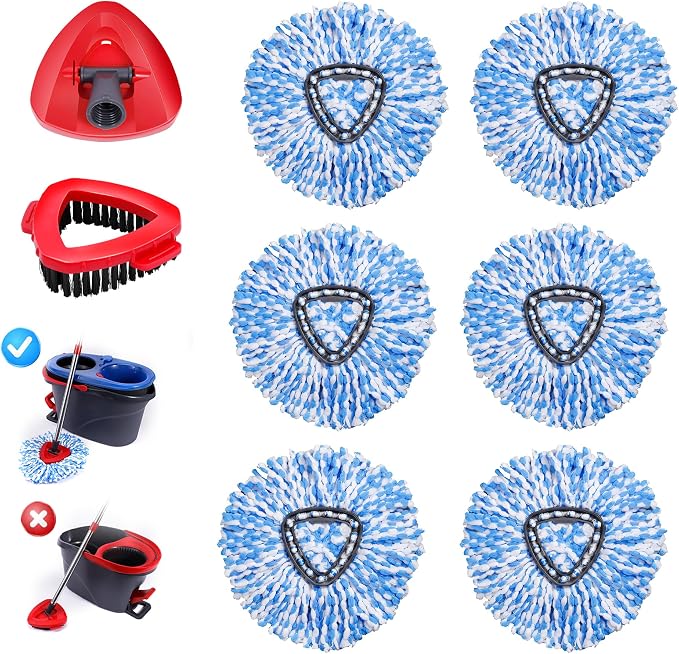8 Pack Spin Mop Replacements Head Compatible for Ocedar RinseClean 2-Tank System,Microfiber Spin Mop Refills Head,1 Mop Scrub Brush + 1 Mop Base + 6 Pack Blue Floor Mop Head