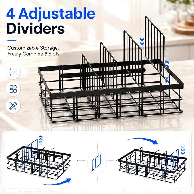 Metal Lid Organizers Inside Cabinet with Adjustable Dividers | Hanging Food Container Lids Holder, 4 Adjustable Dividers & 5 Sections, Matte Black Finish, Sturdy Metal, Kitchen Storage