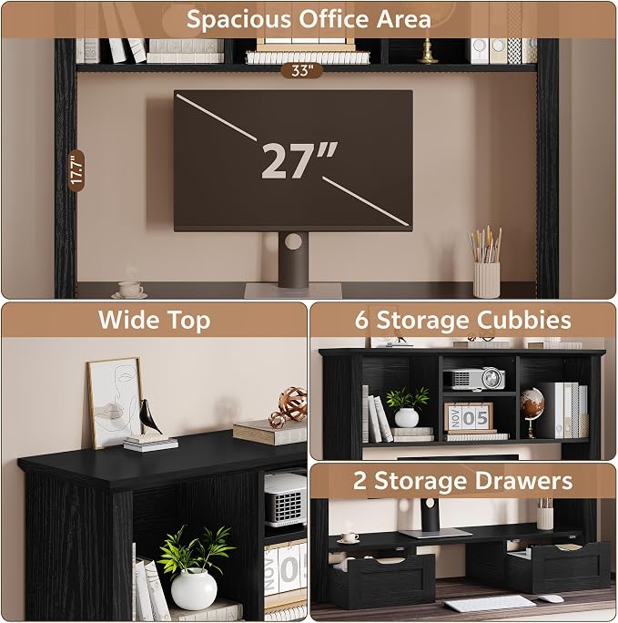 Desk Shelf with Computer Monitor Stand, 37.4''W Desktop Bookshelf Display Rack, Desktop Organizer Storage Rack with Cubbies & Drawers, 5-Tier Hutch for Home, Office, Dorm, Vanity, Black