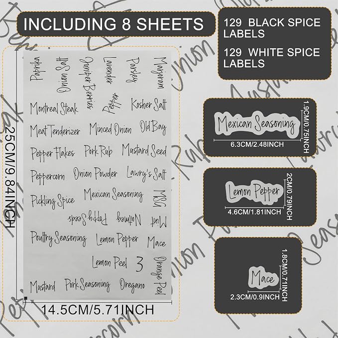 268 Clear Seasoning Jar Labels, Preprinted Kitchen Pantry Organization Labels for Spice Herbs Food Containers Jar Bottle Rack Waterproof Black White Script Sticker Set (4 Black+4 White)