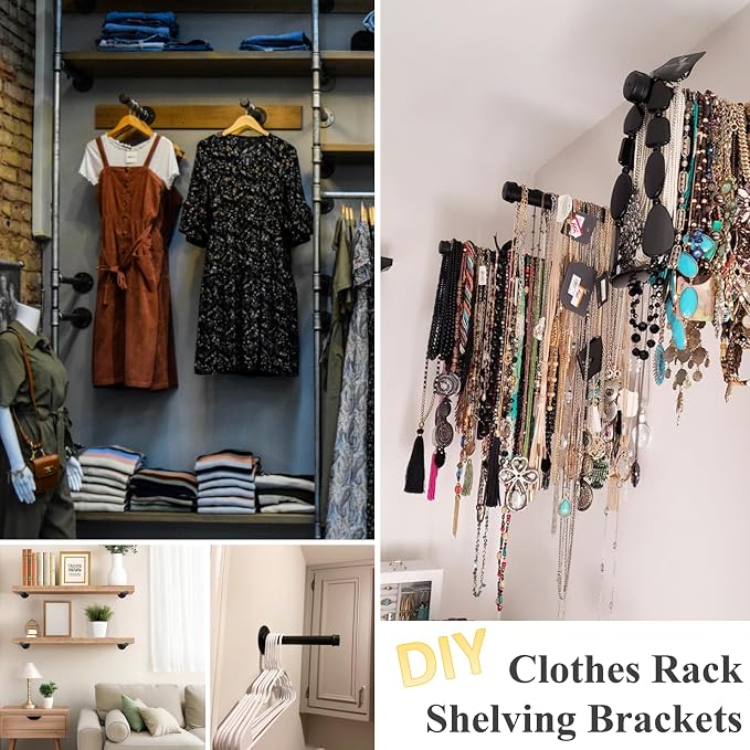 Cast Iron Wall Mounted Clothes Rack, Heavy Duty Industrial Pipe Clothing Rack for Hanging Clothes, Garment Racks for Wardrobe Organizers and Storage, DIY Closet Rods Closet Bar (Black 2 Pack, 8 in)
