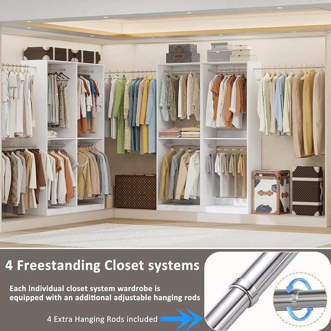 Closet System 4FT-10.5FT, 6 Rods, 81" Tall, Modular | 2 Sets Wooden Closet Organizer System with 6 Expandable Rods, Double-Hang Design & Anti-Tip Baseboard Notch