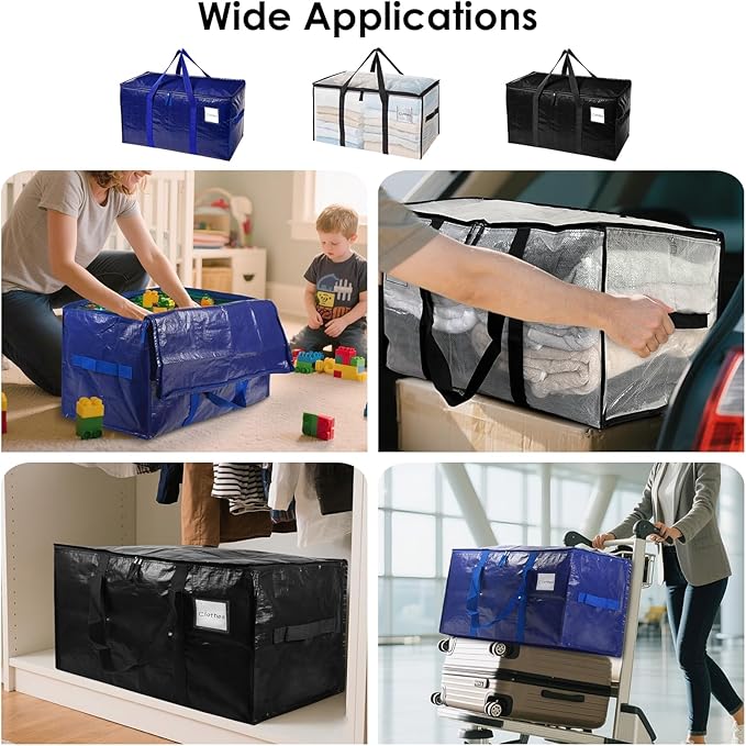 SINLAND 4 Pack Extra Large Heavy Duty Moving Bags with Strong Zippers, Reinforced Handles and Tag Pocket, Packing Totes Supplies for College Dorm Room, Packing Bags for Saving Space (Blue)