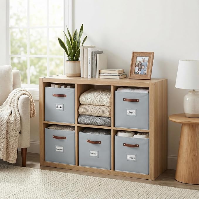 DECOMOMO Storage Bins, Cube Storage Bin with Labels, Fabric Storage Cubes for Shelves (10.5" x 11" / 6pcs, Grey)