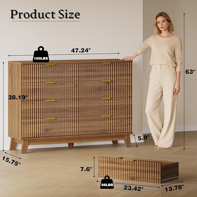 BORNOON Fluted 8 Drawer Tall Dresser, 47.2" Wide Modern Boho Chest of Drawers, Wooden Storage Dresser TV Stand for Bedroom, Living Room, Closet, Hallway, Curved Profile Design
