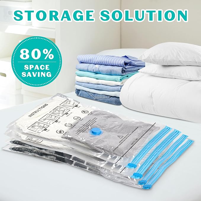 15 Pack Vacuum Seal Bags for Clothing &Travel, Space Saver Vacuum Storage Bags for Blankets,Luggage,Clothes,Comforter, Hand Pump Included (3 Jumbo,3 Large,3 Medium,3 Small,3 Roll）