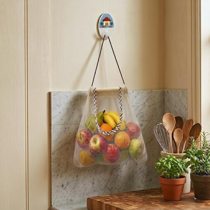 Durable Reusable Hanging Storage Mesh Bags for Fruits, Vegetables, Garlic, Ginger & Potatoes, Kitchen Storage Mesh Bag, Breathable Storage Bags for Pantry, Home Decor & Kitchen Decor (2 white bags)
