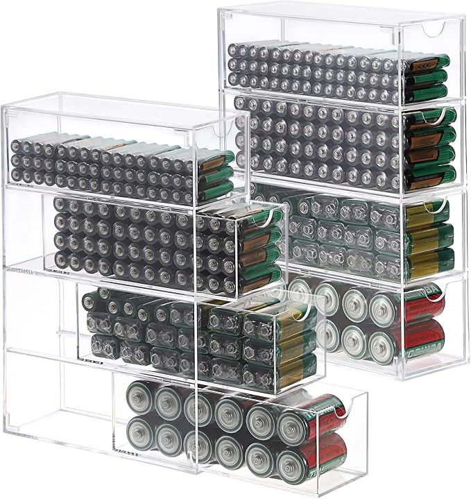 BTSKY Clear Acrylic Battery Storage Organizer for AA, AAA, 9V, C Batteries | 4-Drawer Storage Box Battery Holder Organizer for Common Types Batteries, Household Container, 3 Pack(Batteries Not Included)
