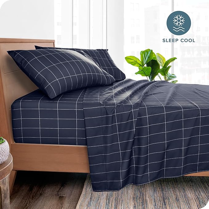 Bare Home Twin XL Sheet Set - College Dorm Size - Luxury 1800 Ultra- Soft Double Brushed Microfiber - Deep Pockets - Easy Fit - 3 Piece Bedding Sheet Set (Twin XL, Grid - Midnight/White)