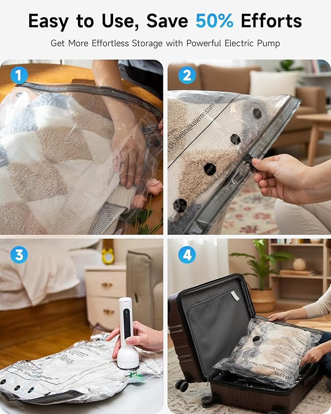 16 Pack Travel Vacuum Bags with Upgraded Rechargeable Pump, 4 Sizes Space Saver Vacuum Storage Bags for Luggage and Suitcase, Compression Bags for Packing, Vacuum Seal Bags for Clothing Travel