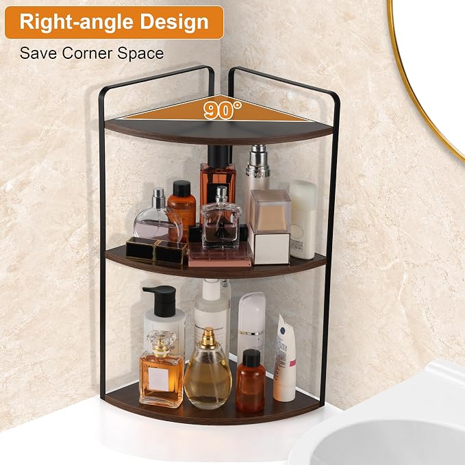 3 Tier Corner Bathroom Counter Organizer, Countertop Organizer, Makeup Organizer Countertop, Bathroom Storage Sink Shelf, Wooden and Metal Counter Shelf (Gray Brown)