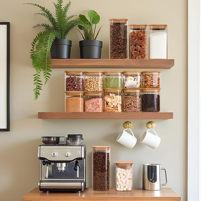 Glass Pantry Storage Containers with Lids 1/1.6 Qt 6 Pack Square | Pantry Organization, Stackable Design, Flour Sugar Coffee Beans Pasta Cereal Dry Food Storage,Kitchen Cabinet Organizer