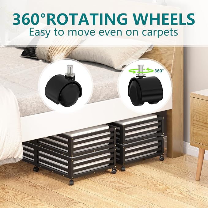 Wisuce 2 Packs Bamboo Under Bed Storage Organizer with Wheels Black Large | 360° Lockable Wheels,120lbs Load Capacity, Multi-scene ,Dustproof Clear Storage Bag, Large Capacity,Easy Quick Assembly