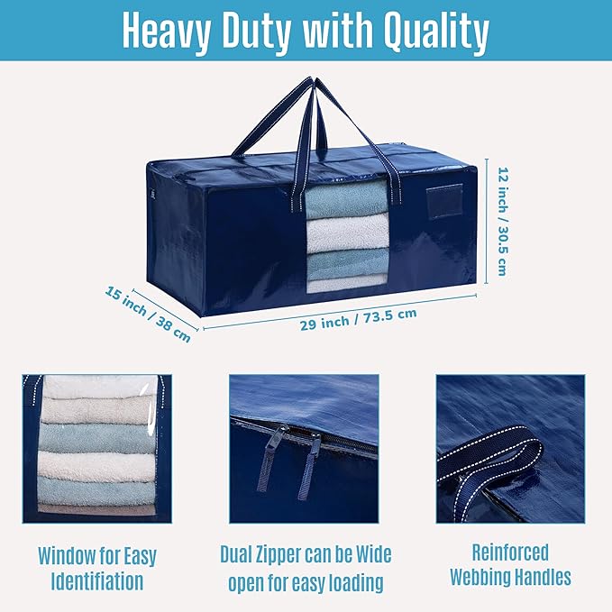 VENO 6 Pack Heavy Duty Moving Bags, Christmas Storage Bins with Lids, Transparent Window Design, Alternative to Moving Boxes, Storage Bags for Clothes, Blankets, Comforters, Pillows (Blue, 6 Pack)