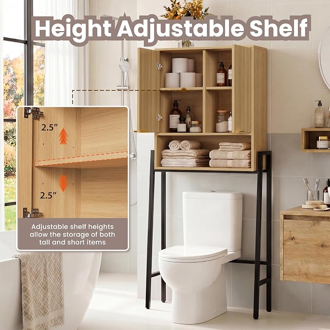 25" W Over The Toilet Storage Cabinet with Fluted Door,Bathroom Organizers and Storage with Adjustable Shelves, Modern Over Toilet Organizer for Bathroom,Restroom,Laundry,Oak