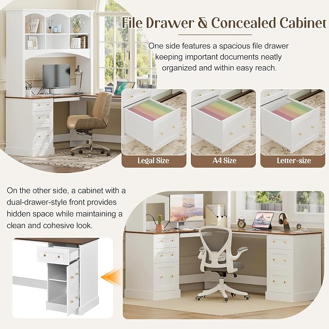Merax L Shaped Desk White, Corner Computer Desk with Dual Charging Stations & Keyboard Tray, Farmhouse Home Office Desk with Hutch, File Drawer & Storage Cabinet, Space Saving Workstation