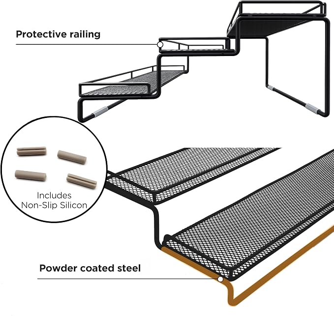 3 Tier Wide Expandable Cabinet Spice Rack Organizer (14.5" to 29.1") - Step Shelf with Protection Railing, Black,Copper (Comfort & Wide)