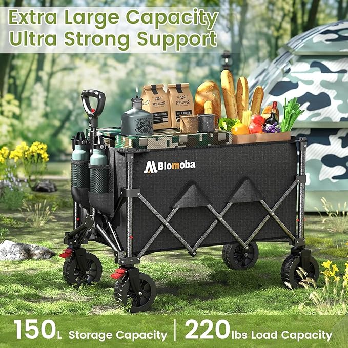 Blomoba Collapsible Wagon Cart, 150L Heavy Duty Foldable Beach Wagon with Wider Wheels & Auto-Rebound Handle, Utility Grocery Shopping Cart for Garden, Shopping, Camping, Sports, Black