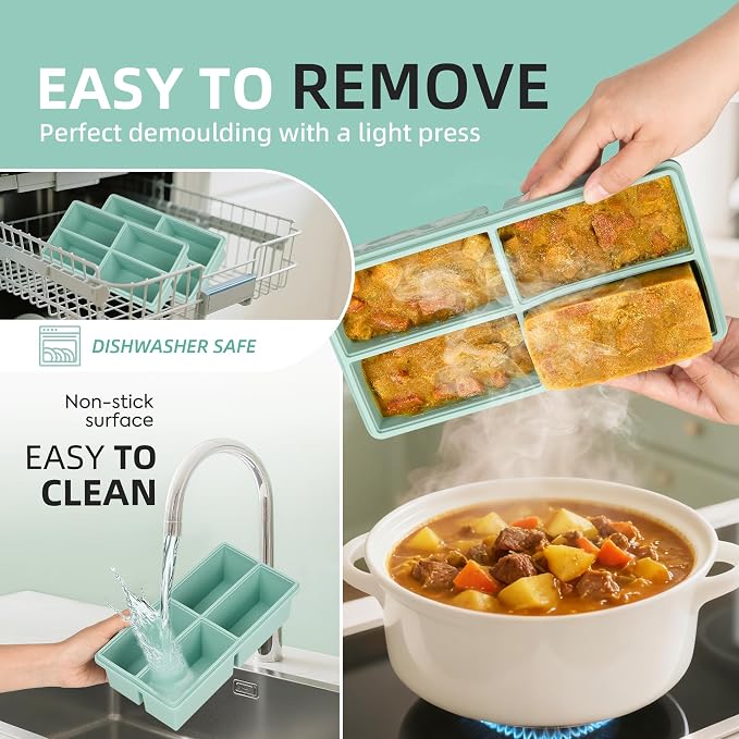 Silicone Freezer Trays with Lids - 1 cup soup freezer container large ice cube molds - with Reinforced Steel Ring Top, Silicone Freezer Containers, Freeze and Store Soups, Sauces, Leftovers-2 Packs