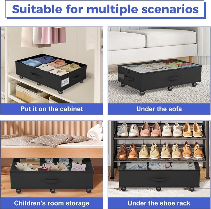 Babenest 4-Pack Under Bed Storage Organizer with Clear Zippered Lid, Foldable Rolling Underbed Drawers on 6 Wheels, Space Saving Clothes, Shoes, Toy Storage for Bedroom, Dorm, Closet