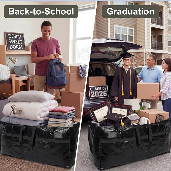 8 Pcs 66 Gallon Extra Large Moving Bags Heavy Duty Storage Bag with Strong Zipper Handle Foldable XXL Jumbo Storage Tote Packing Moving Box for College Dorm Travel Cloth Duffle (Black)