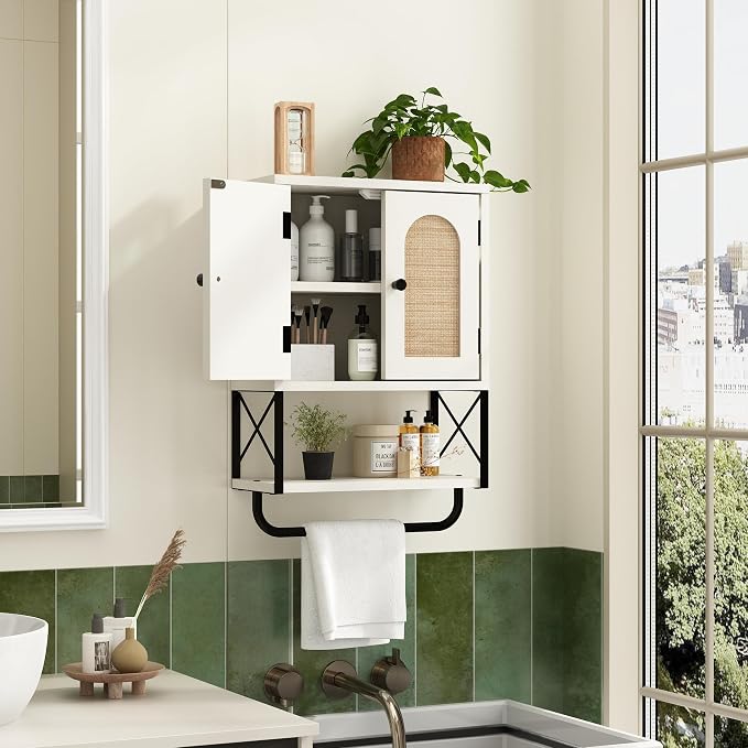 RUSTOWN Rattan Bathroom Wall Cabinet, Boho Over The Toilet Storage Cabinet | Arched Rattan Doors, Modern Medicine Cabinet, Adjustable Shelves, Towel Bar, Vintage White