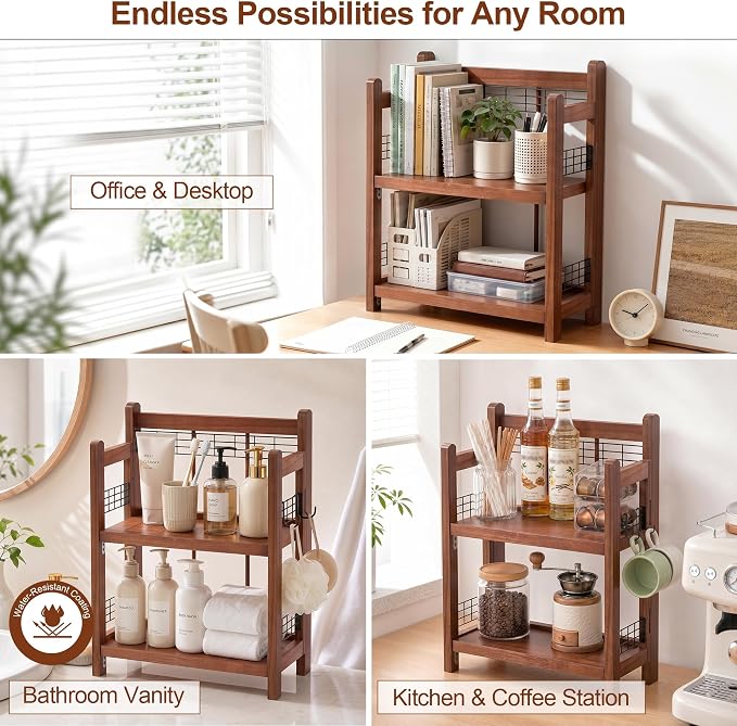 No-Assembly Coffee Bar Organizer, 2-Tier Coffee Station Shelf | Foldable Oak Wood Shelf, Coffee Station Accessories Storage for Syrup, 3 Hooks for Mugs, Kitchen Countertop Organizer, Walnut