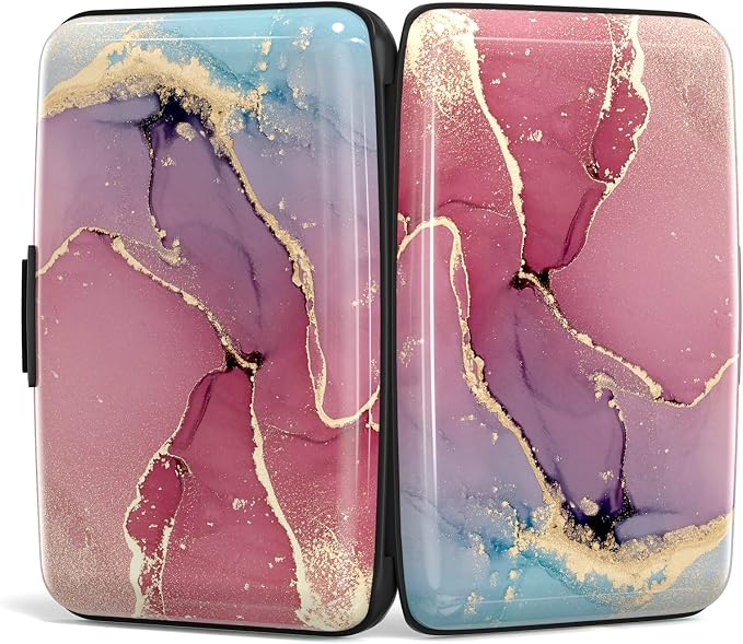 Credit Card Holder for Women, Mini RFID Metal Wallet Credit Cards Holder Cute Pocket Business Card ID Case, Purple Marble