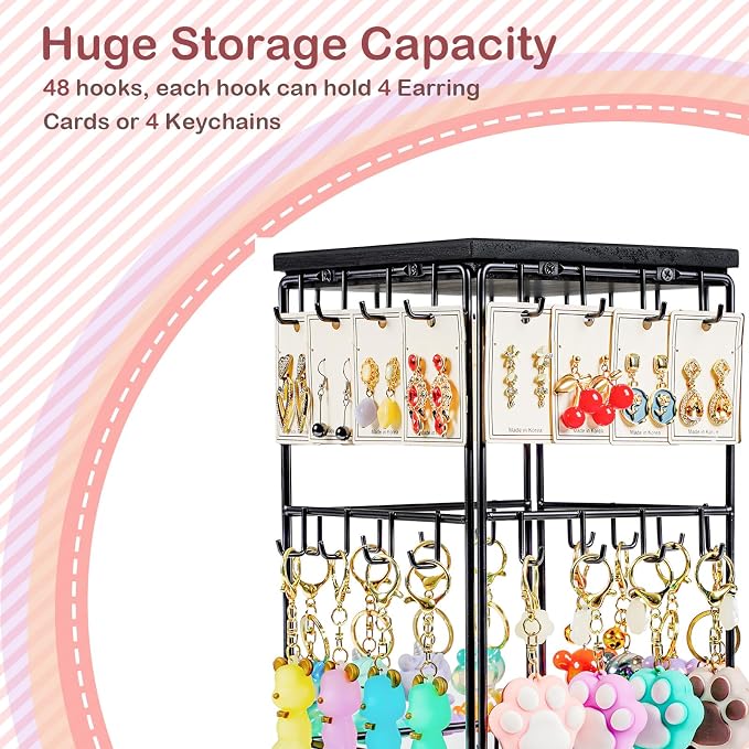 360 Rotating Earring Display Stands for Selling, Earring Rack Display Holder Stand, Jewelry Display for Vendors Selling Earring Cards, Necklaces, Bracelets, Hair Accessories (48 Hooks)
