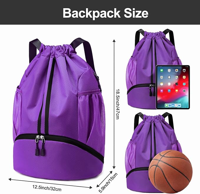 Hoedia Sports Drawstring Backpack - String Swim Gym Bag with Shoes Compartment and Wet Proof Pocket for Women/Men (Purple)