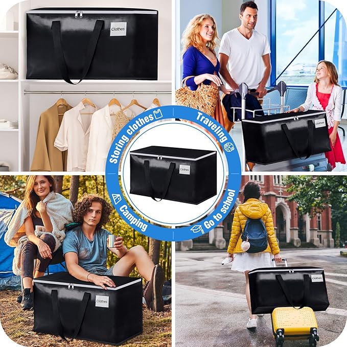 BlissTotes Moving Bags, Heavy Duty Moving Boxes with Zippers Top and Sturdy Handles, Storage Bags for Space Saving and Packing, Collapsible Moving Supplies, Storage Totes (76L, 2-Pack, Black)
