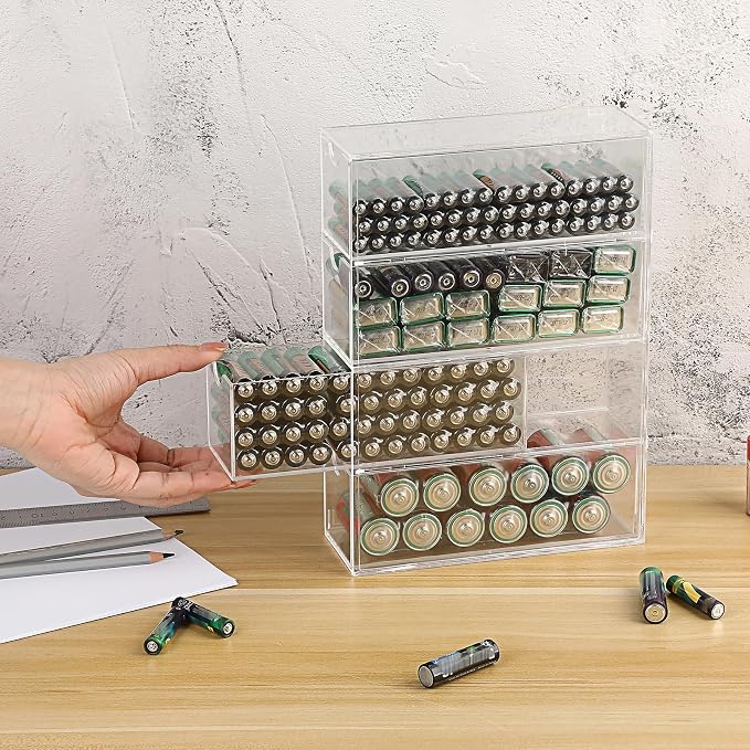 BTSKY Clear Acrylic Battery Storage Organizer for AA, AAA, 9V, C Batteries | 4-Drawer Storage Box Battery Holder Organizer for Common Types Batteries, Household Container, 3 Pack(Batteries Not Included)
