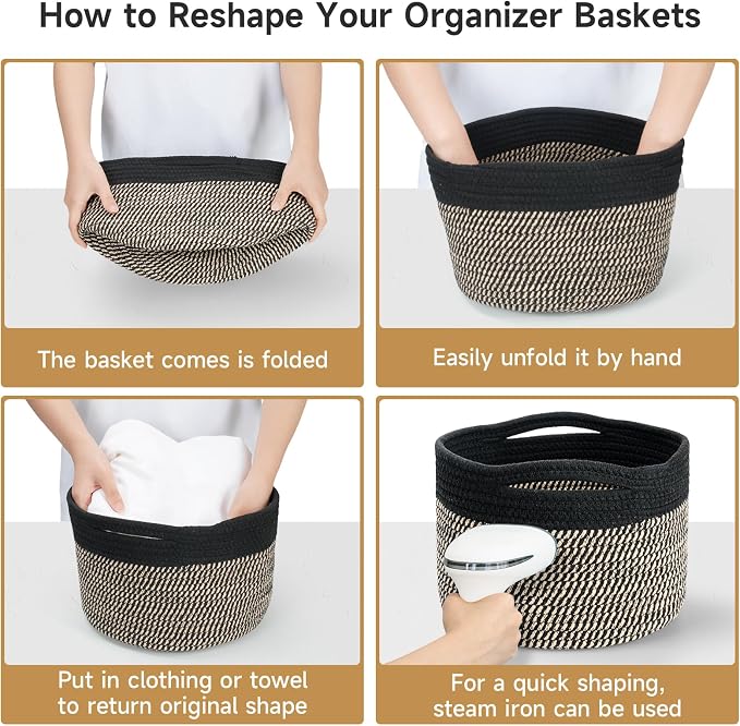 Small Rope Baskets for Storage, Baskets for Gifts Empty, Cute Round Woven Basket, Decorative Shelf Baskets 9.82×9.82×7.1", Cotton Toy Basket Storage Bins for Organizer 3 Packs-Brown+Black