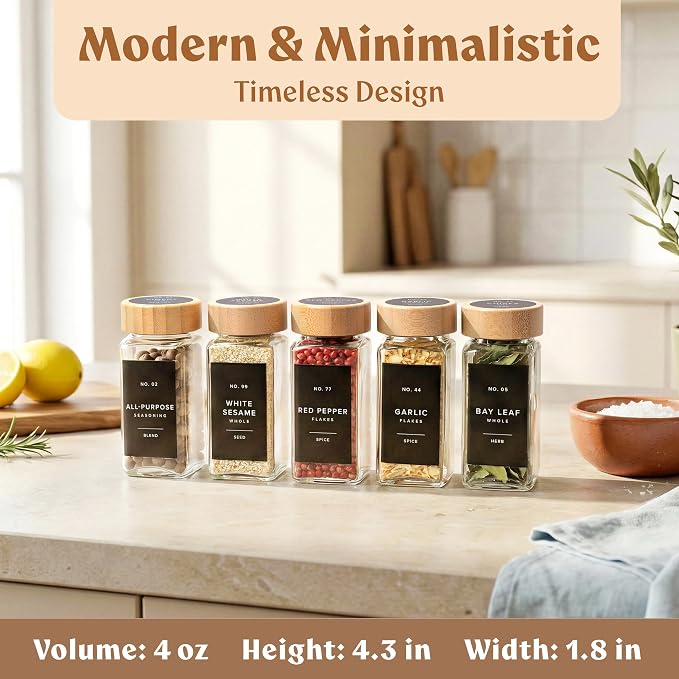 EDELHAUS Square Glass Spice Jars (24 x 4oz) with Bamboo Lids + Magnetic Spice Rack for Refrigerator (Fits 12 Jars) + Bonus Slim Auxiliary Rack, 240 Labels, Shaker Inserts, Funnel