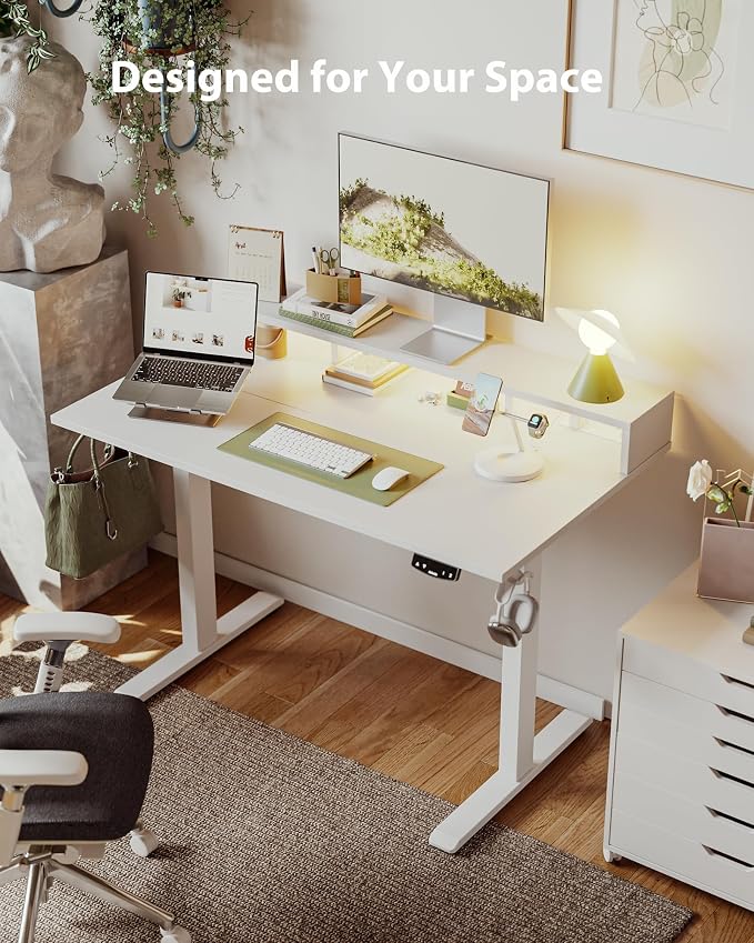 Agilestic 48x24 Inch Electric Standing Desk with Shelf, Height Adjustable Desk with Power Outlets & LED, Sit Stand Up Table with Monitor Stand, Computer Workstation, White