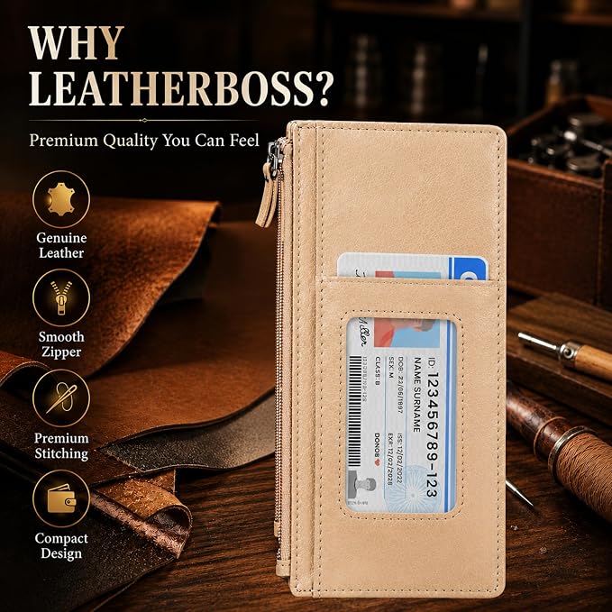 Leatherboss Genuine Leather Women's All in One Credit Business Card Case Holder Slim Zipper Wallet With a Card Protection Strap, Beige