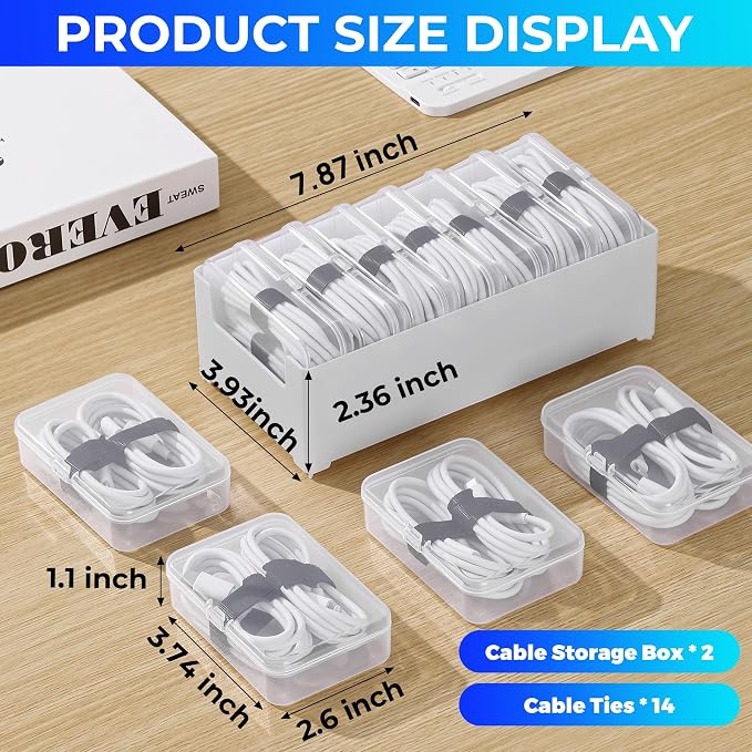 2 Pack Cable Organizer Box with 14 Clear Switch Case, Cable Straps and Label Stickers, Travel Cord Organizer for Charging Cables, USB Wires, Earphones – Drawer Organization for Home & Office