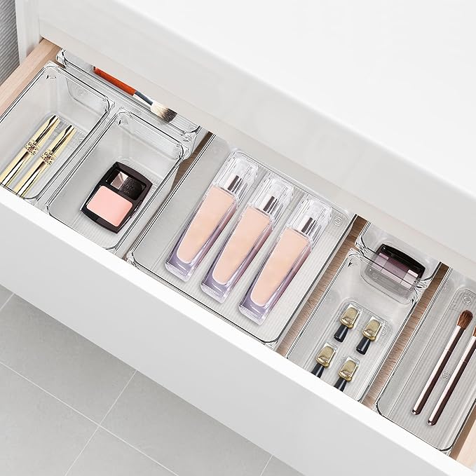 8 Pack Drawer Organizer - 3" X 3" Clear Acrylic Storage Bins with Non-Slip Pads, Versatile Desk Tray for Makeup, Jewelry, Kitchen, Bathroom, and Office Organization