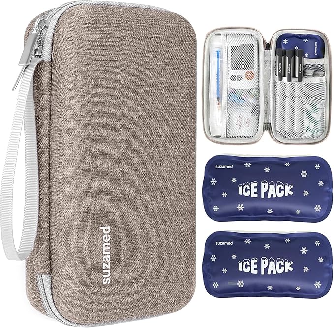 suzamed Insulin Cooler Travel Case,EVA Insulation Travel Medicine Kit with 2 Ice Packs for Diabetes Care,Insulin Pen and Other Diabetic Supplies (Brown)