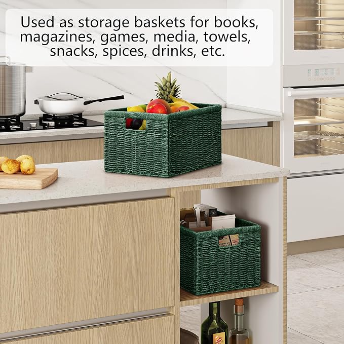 Vagusicc 2 Packs Large Wicker Storage Basket, Closet Storage Baskets Bins for Shelves, Decorative Collapsible Baskets for Organizing Clothes Toy Nursery Bathroom Organizers and Storage, Green