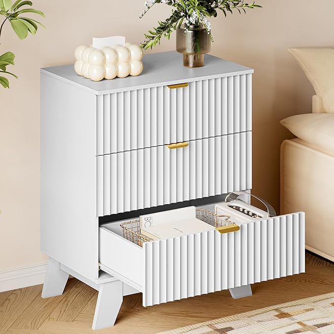 BORNOON Fluted 3 Drawer Dresser, 30.3" Tall Compact Modern Boho Chest of Drawers, Wooden Storage Cabinet for Bedroom, Living Room, Entryway, Curved Profile Design