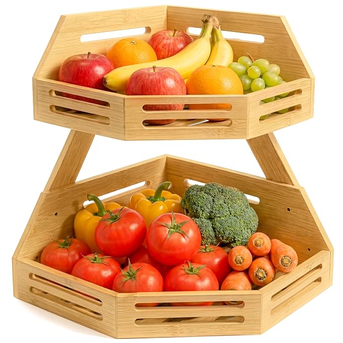 HOMESTEAD 2-Tier Bamboo Corner Shelf Organizer, Fruit Vegetable Produce Stand with Air Vents, Countertop Standing Rack for Kitchen, Bathroom, Corner Shelf Space Saver
