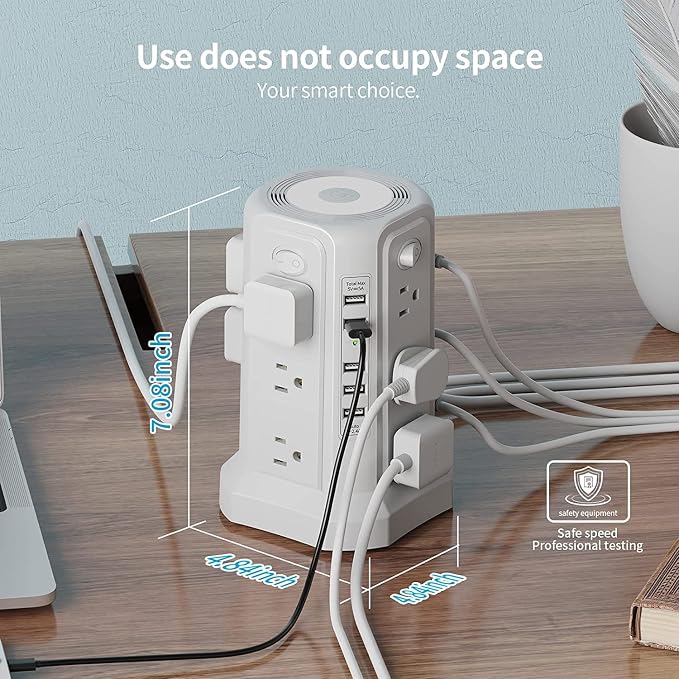 Surge Protector Power Strip Tower with 5 USB Ports and Night Light, 10FT Extension Cord with 12 AC Multiple Outlets, PASSUS Power Tower, Overload Protection for Home Office Dorm Room (2PC-White)