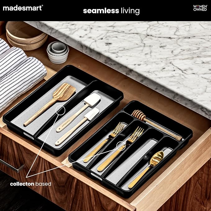 madesmart Small Silverware Tray, 5 Compartment Flatware Organizer for Forks, Knives & Spoons, Non Slip, Soft Grip Lining, Fits Small Drawers, Granite