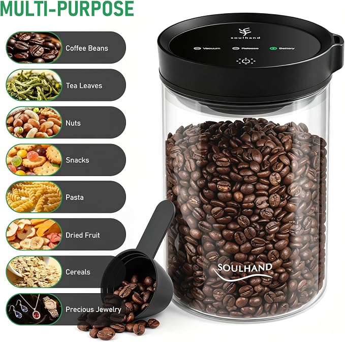 Vacuum Coffee Canister,1.6L Electric Airtight Glass Coffee Container | Auto Vacuum Seal Lid with Touch Screen, Airtight Freshness for Coffee Beans,Grounds,Food Safe,17oz