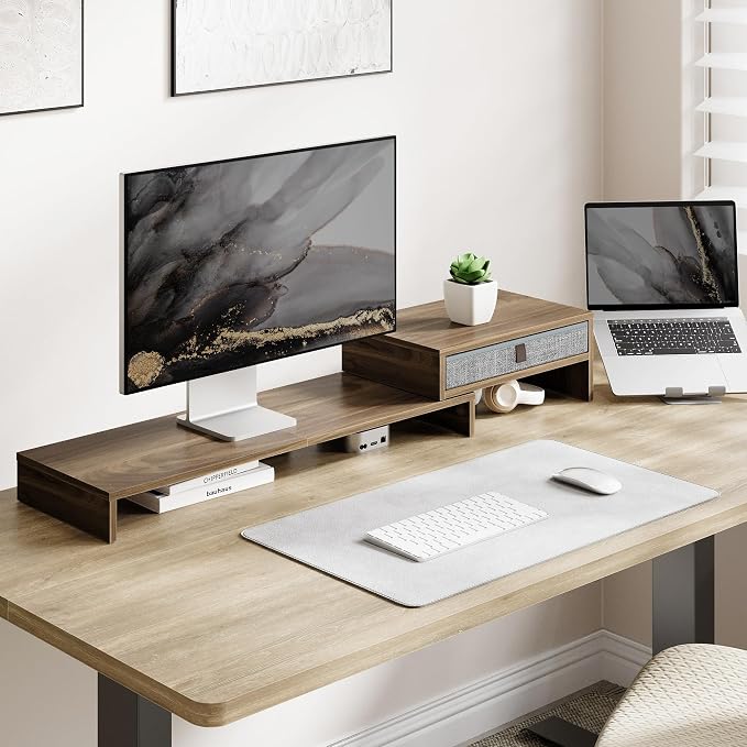 Fenge Triple Monitor Stand with Srorage Drawer, Adjustable Length and Angle | Computer Monitor Riser for 2 or 3 Monitors, Wooden Desktop Laptop Stand, Office Organizer for PC, Screen, Tablet, Brown