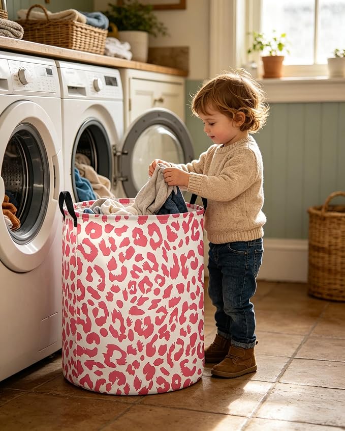 Pink Leopard Print Hamper,Baby Laundry Hamper,Waterproof Collapsible Baby Storage Baskets for Kid Room Decor,Clothes Organizer Basket,Gift Baskets(Pink Leopard Print)